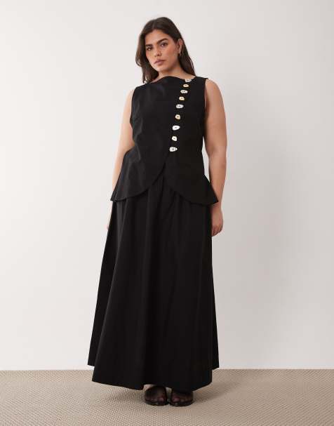 ASOS DESIGN Curve linen look vest maxi dress with poplin skirt in black - view 1