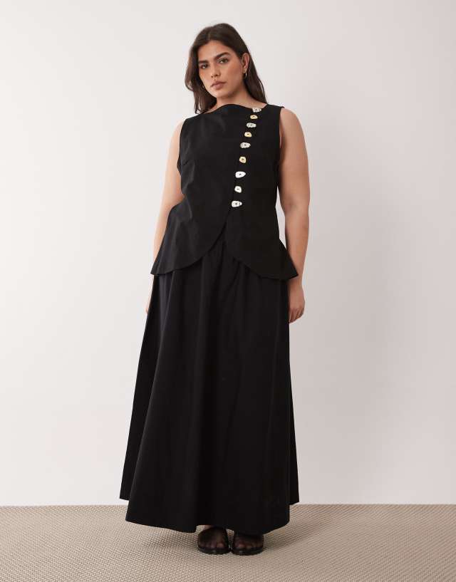 ASOS DESIGN Curve linen look vest maxi dress with poplin skirt in black