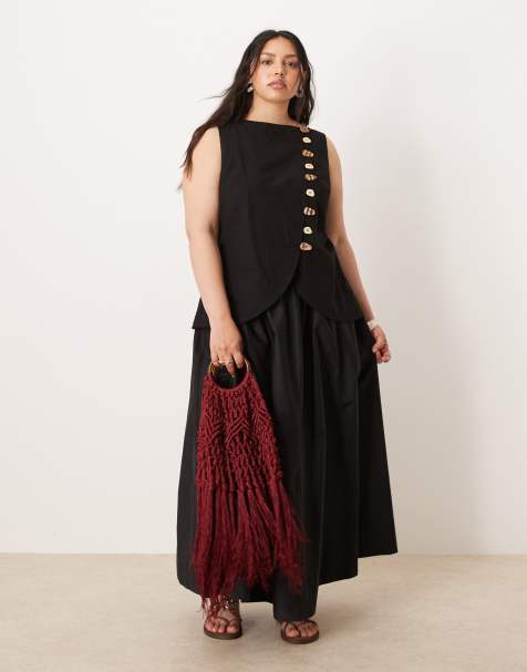 ASOS DESIGN Curve linen look waistcoat maxi dress with poplin skirt in black - view 1