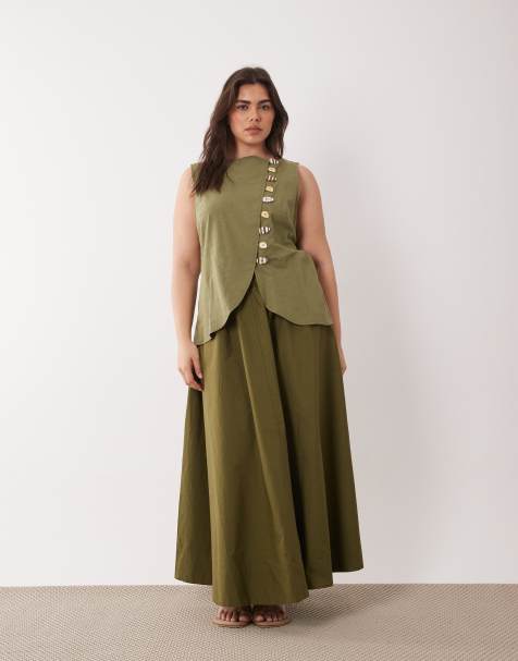 ASOS DESIGN Curve linen look waistcoat maxi dress with poplin skirt in olive - view 1