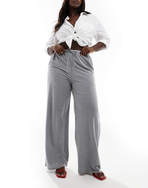 ASOS DESIGN Curve linen look wide leg trousers in charcoal - view 1