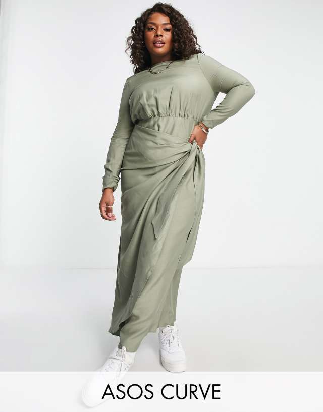 ASOS DESIGN Curve linen maxi dress with wrap skirt in khaki