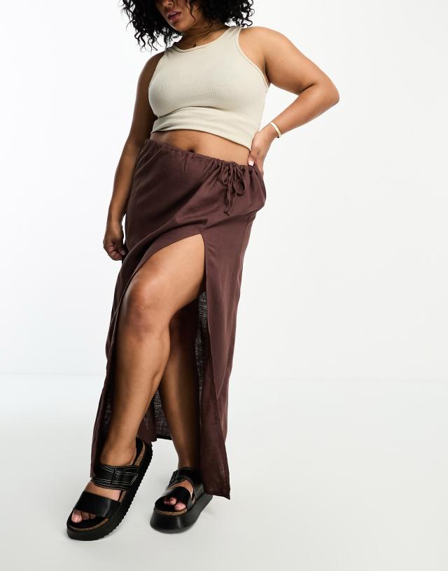 ASOS Curve - ASOS DESIGN Curve linen maxi skirt with high split in chocolate