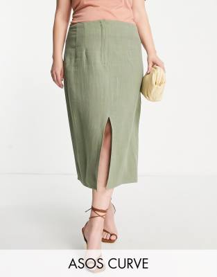 ASOS DESIGN Curve linen midi pencil skirt with split in khaki-Green