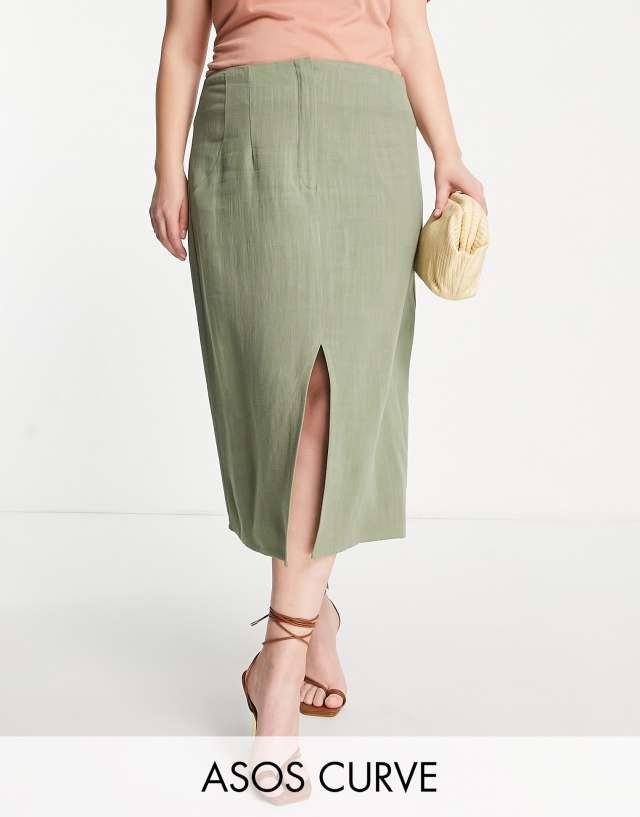 ASOS DESIGN Curve linen midi pencil skirt with split in khaki