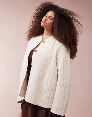 ASOS DESIGN Curve linen mix dolphin hem collarless quilted jacket in oatmeal-Neutral