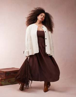 Asos Curve Asos Design Curve Linen Mix Dolphin Hem Collarless Quilted Jacket In Neutral