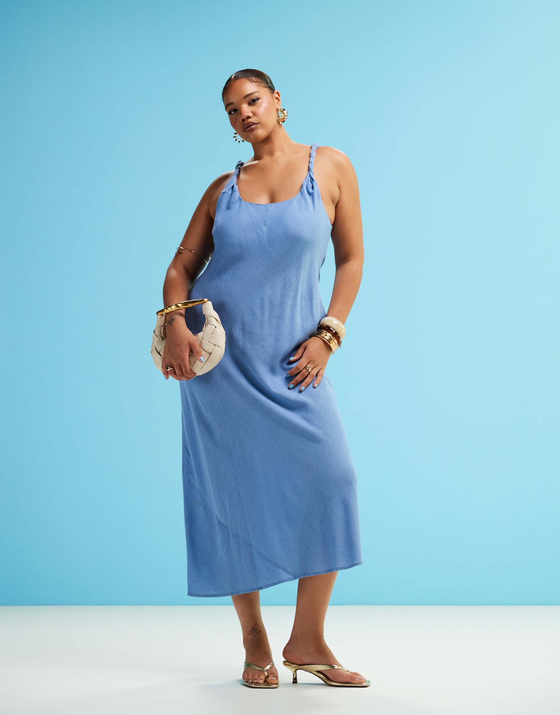 asos design curve linen mix twist strap bias maxi dress in denim blue