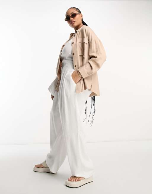ASOS DESIGN Curve linen mix utility shirt in neutral