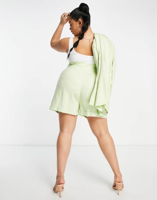 ASOS DESIGN Curve linen paperbag waist suit shorts in lime ASOS