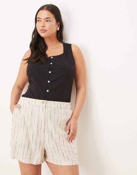 ASOS DESIGN Curve linen relaxed dad shorts in natural squiggle stripe - view 1
