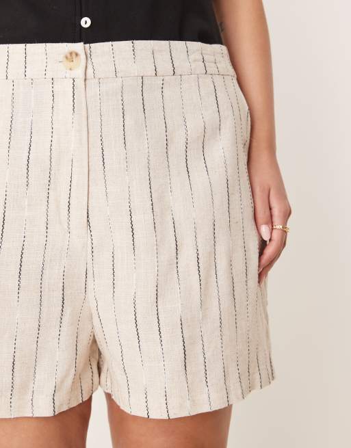 ASOS DESIGN Curve linen relaxed dad shorts in natural squiggle stripe