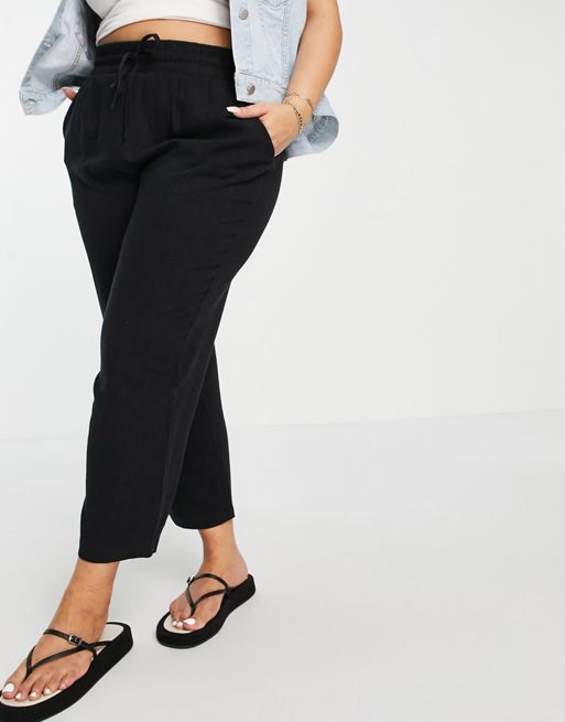 ASOS DESIGN Curve linen relaxed tapered pants in black