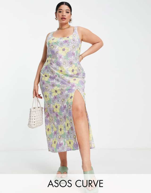 ASOS DESIGN Curve linen scoop neck maxi sundress with split in retro floral