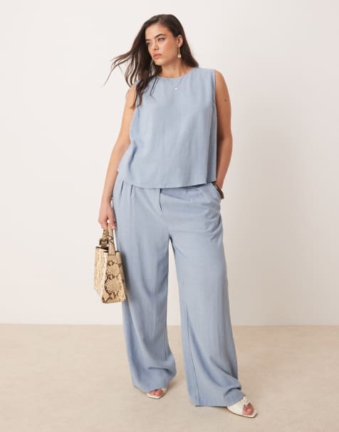 ASOS DESIGN Curve linen shell top and pleat front pants set in blue - view 1