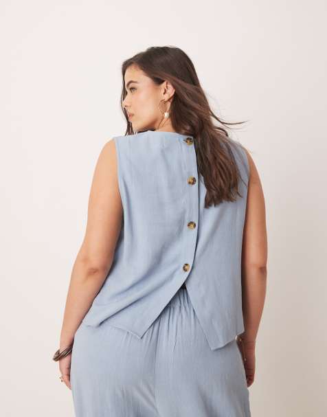 ASOS DESIGN Curve linen shell top co-ord in blue - view 1