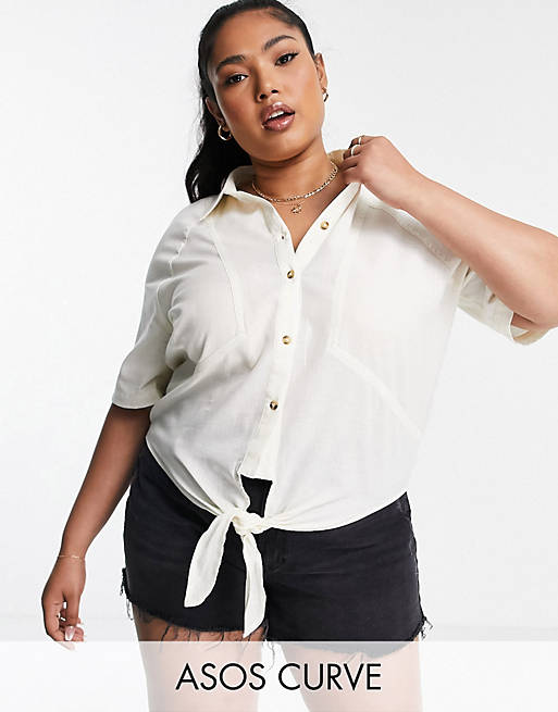 ASOS DESIGN Curve linen short sleeve shirt with tie front in ivory