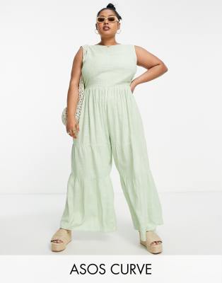 ASOS DESIGN Curve linen smock tie back jumpsuit in sage - ASOS Price Checker