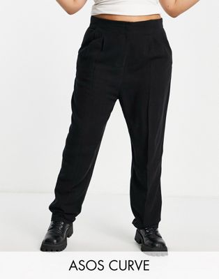 ASOS DESIGN Curve linen soft tapered mom trouser in black