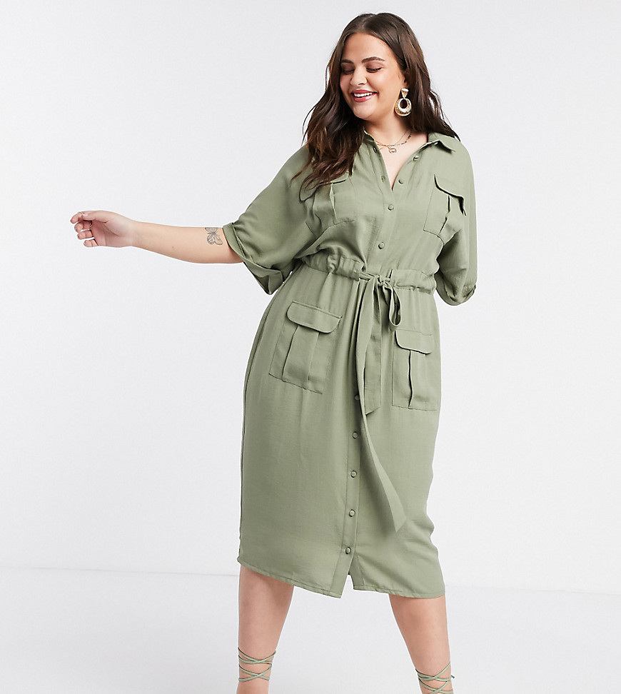 ASOS DESIGN Curve linen utility button through shirt midi dress with drawstring waist in khaki-Green