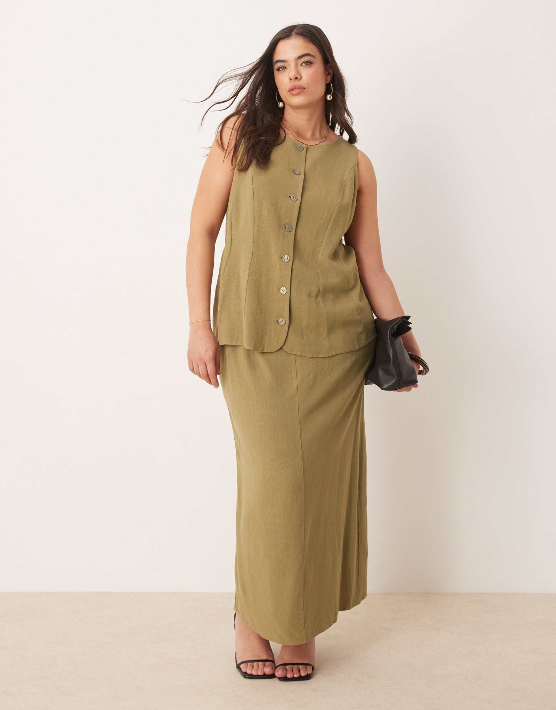 asos design curve linen vest detail midi dress in khaki