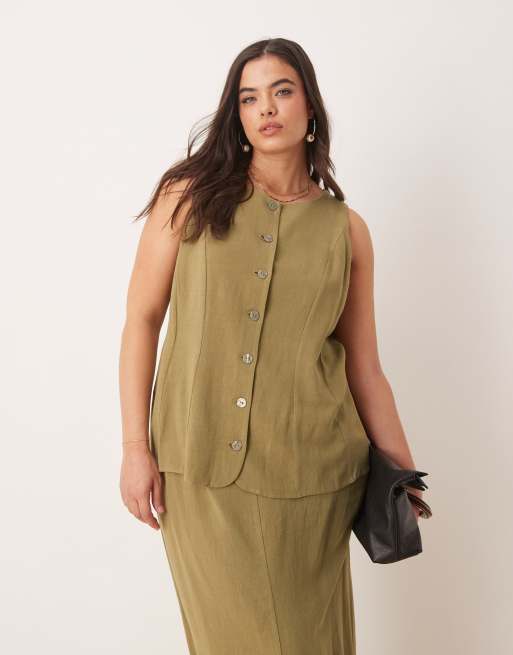 ASOS DESIGN Curve linen vest detail midi dress in khaki, 2 of 4