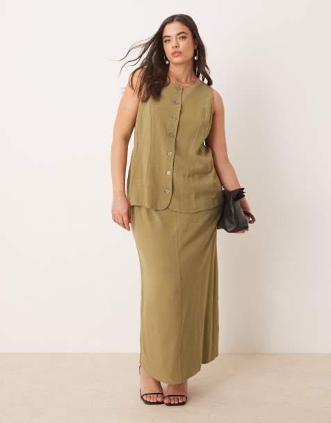 ASOS DESIGN Curve linen waistcoat detail midi dress in khaki - view 1