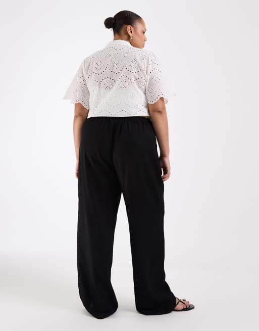 ASOS DESIGN Curve linen wide leg trouser in black, 4 of 5