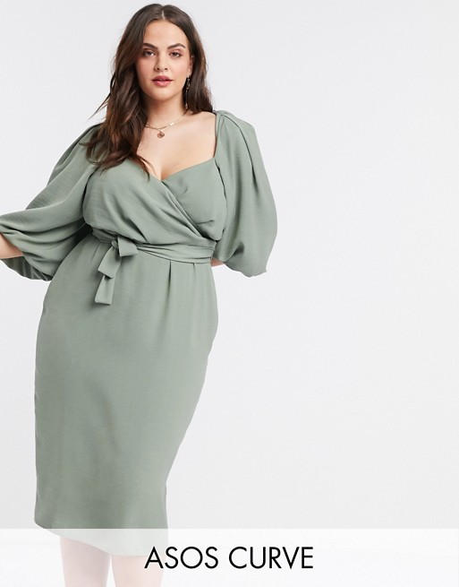 ASOS DESIGN Curve wrap front midi dress with puff sleeves in khaki