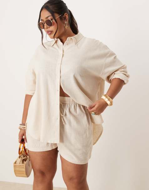 ASOS DESIGN Curve – Ljusbeige skjorta i linne och oversize med långa ärmar, del av set - view 1