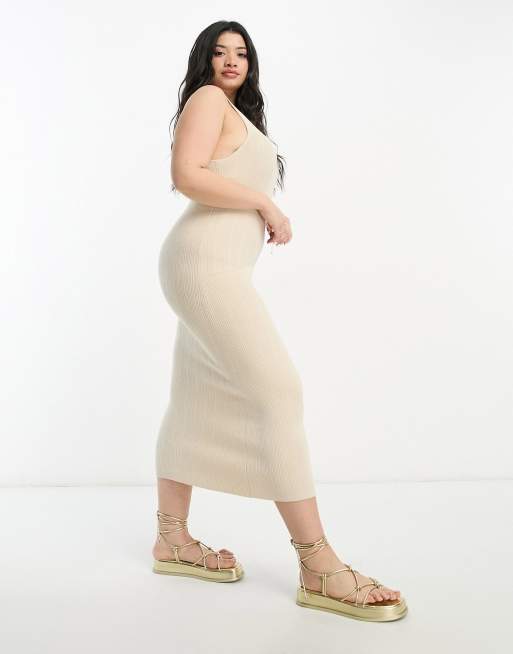 ASOS DESIGN Curve – Ljusbeige stickad midiklänning med fyrkantig ringning, 4 av 4