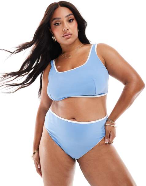 ASOS DESIGN Curve – Ljusblå bikiniunderdel med hög midja, hög benskärning och kontrastfärgade kantband - view 1