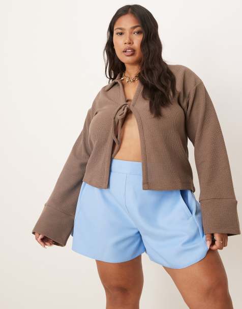 ASOS DESIGN Curve – Ljusblå, figursydda boxershorts i linnestil med elastisk midja - view 1