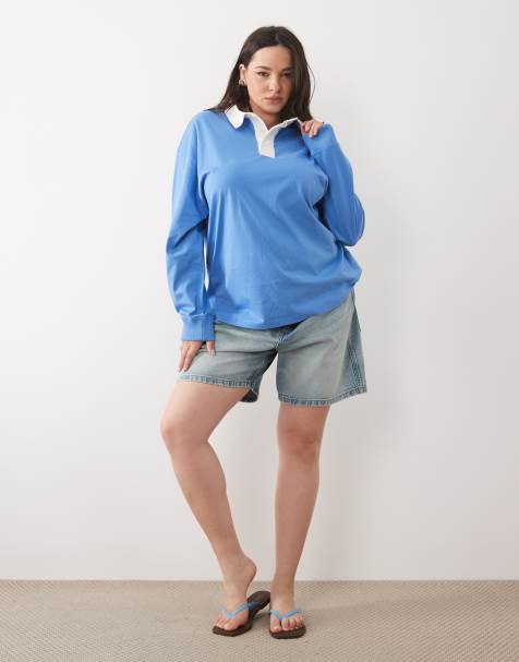 ASOS DESIGN Curve – Ljusblå t-shirt med kontrastfärgad krage - view 1
