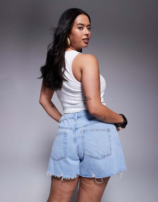 ASOS DESIGN Curve – Ljusblå, tvättade, a-linjeformade jeansshorts, 4 av 5