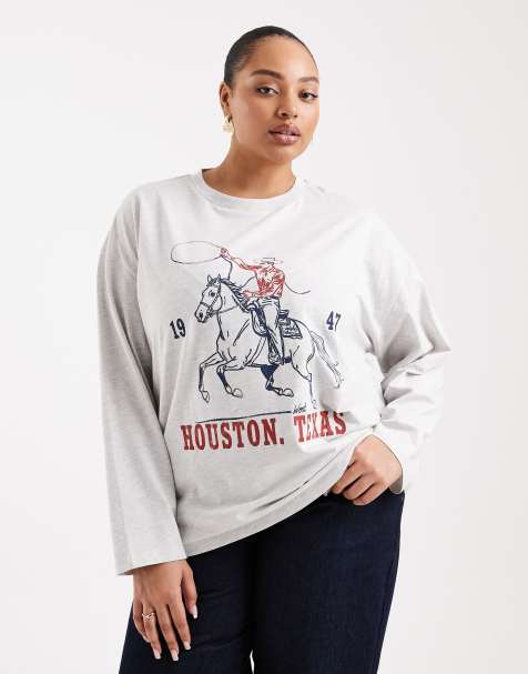 ASOS DESIGN Curve – Ljusgråmelerad t-shirt med långa ärmar och Texas-tryck - view 1