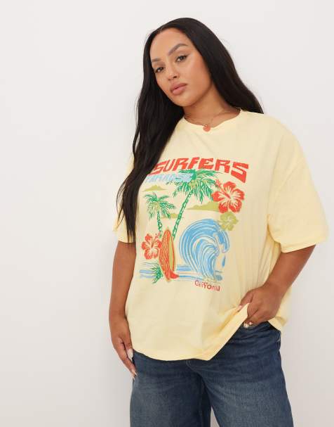 ASOS DESIGN Curve – Ljusgul t-shirt i oversize med surftryck - view 1