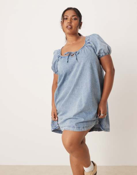 ASOS DESIGN Curve – Ljustvättad miniklänning i denim med puffärmar, knytdetalj - view 1