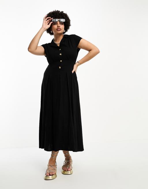 ASOS DESIGN Curve – Lniana sukienka koszulowa midi z rękawkami i zaszewkami w czarnym kolorze