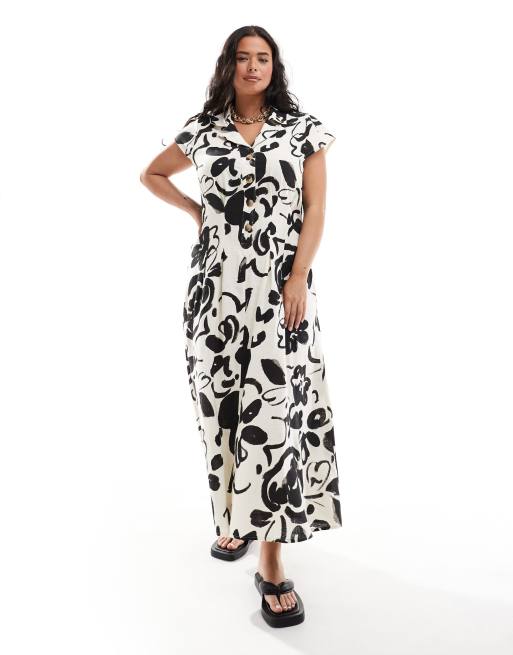 ASOS DESIGN Curve – Lniana sukienka koszulowa midi z rękawkami zasłaniającymi ramiona i zaszewkami w abstrakcyjny wzór