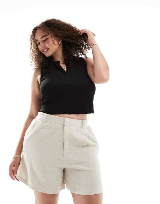 ASOS DESIGN Curve – Lniane szarobeżowe szorty dad