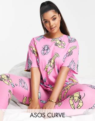 Asos Curve Asos Design Curve Lobster Oversized Tee & Legging Pajama Set In Pink