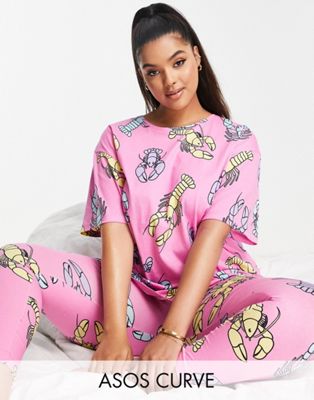 ASOS DESIGN Curve lobster oversized tee & legging pyjama set in pink