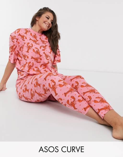 ASOS DESIGN Curve lobster oversized tee & legging set in pink