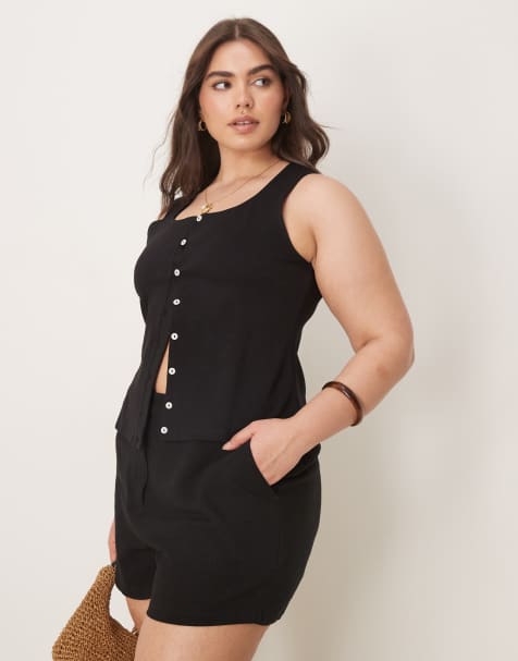 ASOS DESIGN Curve – Locker geschnittene Dad-Shorts in Schwarz mit Leinenanteil - view 1