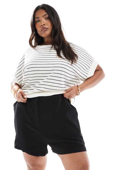 ASOS DESIGN Curve – Locker geschnittene Dad-Shorts in Schwarz mit Leinenanteil, 2 von 5