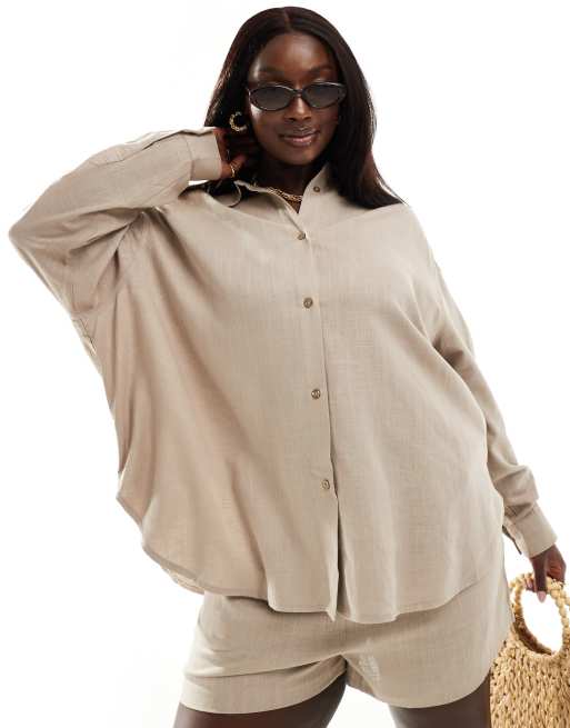ASOS DESIGN Curve – Locker geschnittenes Hemd in Sandbeige mit Leinenanteil, Kombiteil