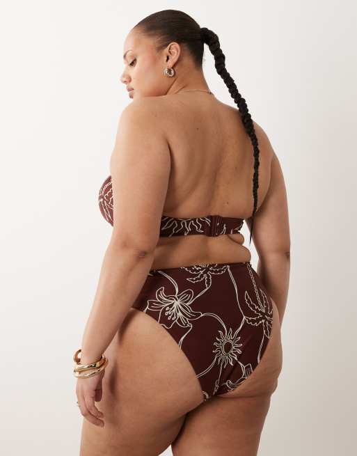 ASOS DESIGN Curve - Logan - Chokoladebrune bikinitrusser med høj talje, høj benskæring og palmeprint, 2 af 4