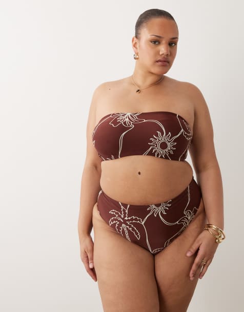 ASOS DESIGN Curve – Logan – Czekoladowe bikini z motywem palm - view 1