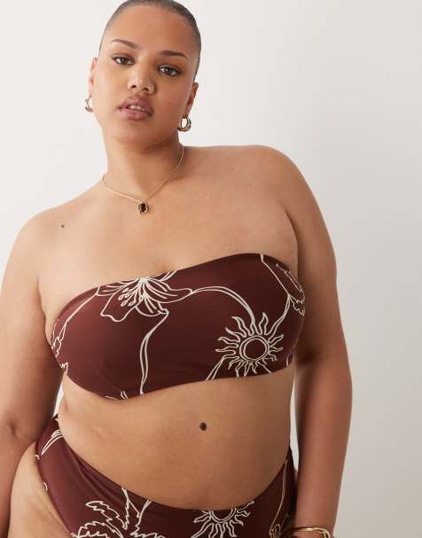 ASOS DESIGN Curve Logan hidden underwire bandeau bikini top in chocolate palm print - view 1